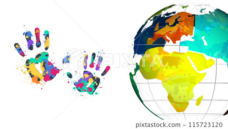 Image of handprints and globe on white background 115723120