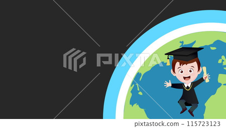 Image of schoolboy with globe icon on black background 115723123