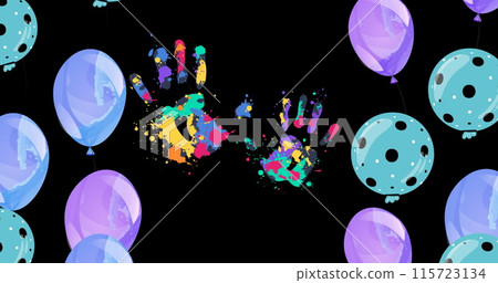 Image of handprints and balloons on black background 115723134