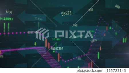 Image of graph and data processing over grey arrows on dark background 115723143