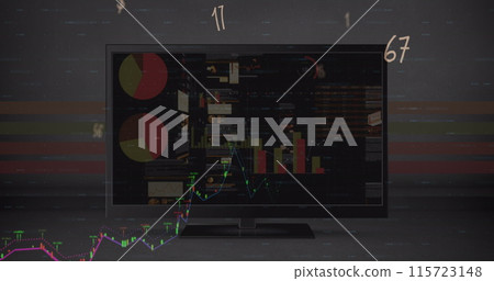 Image of graph and data processing over charts on interface screen Image of graph and data processing over charts on interface screen 115723148