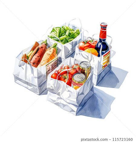 Various food ingredients in a supermarket shopping bag on a white background 115723160