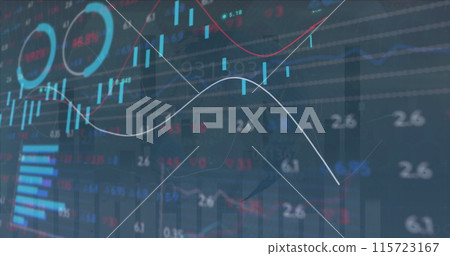 Image of graphs over data processing on black background 115723167