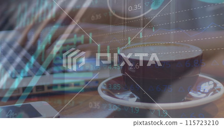 Image of financial data processing over caucasian woman using laptop Image of financial data processing over caucasian woman using laptop 115723210