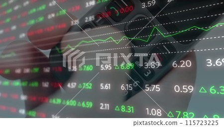 Image of financial data processing over caucasian person using phone 115723225