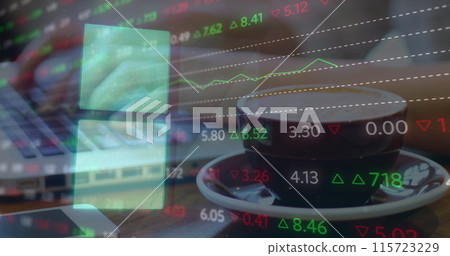 Image of financial data processing over caucasian woman using laptop 115723229