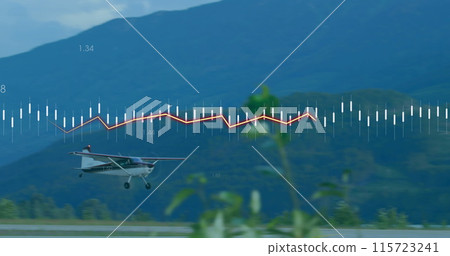 Image of heart rhythm and moving lines with numbers over airplane landing on runway Image of heart rhythm and moving lines with numbers over airplane landing on runway 115723241