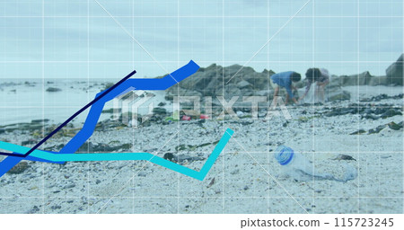 Image of multiple graphs over african american couple cleaning beach 115723245