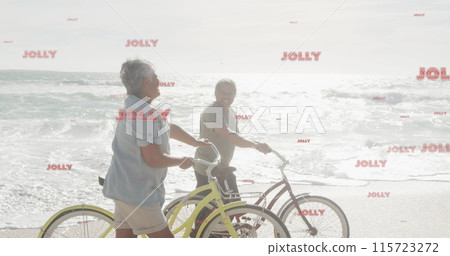Image of jolly texts over senior biracial couple at beach Image of jolly texts over senior biracial couple at beach 115723272