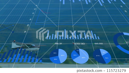 Image of infographic interface over airplane landing on runway 115723279
