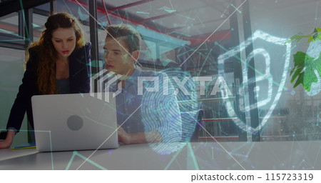 Image of security padlock icon and plexus networks over caucasian man and woman using laptop 115723319