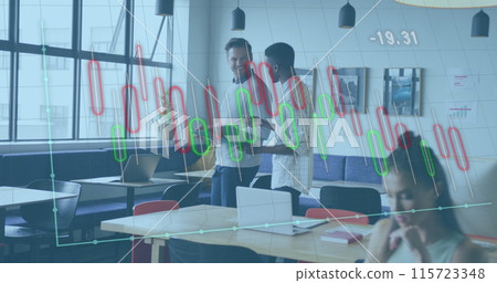 Image of financial data processing over diverse business people in office Image of financial data processing over diverse business people in office 115723348