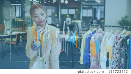 Image of financial data processing over biracial businesswoman in office Image of financial data processing over biracial businesswoman in office 115723352