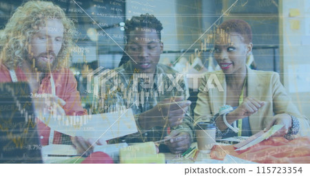 Image of financial data processing over diverse business people in office Image of financial data processing over diverse business people in office 115723354
