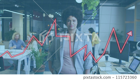 Image of red arrow and financial data processing over biracial businesswoman in office Image of red arrow and financial data processing over biracial businesswoman in office 115723360