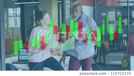 Image of financial data processing over diverse business people in office 115723374