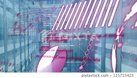 Image of statistical data processing against light trails over computer server room Image of statistical data processing against light trails over computer server room 115723425