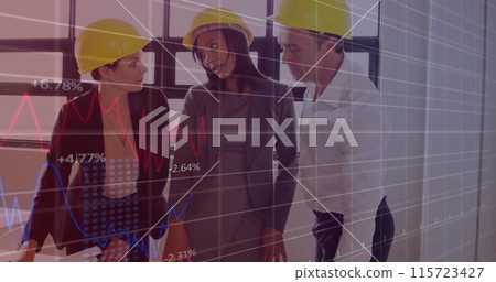 Image of multiple graphs over diverse engineers wearing helmet discussing blue print in office Image of multiple graphs over diverse engineers wearing helmet discussing blue print in office 115723427