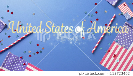 Image of united states of america text over flags of united states of america on blue background 115723462