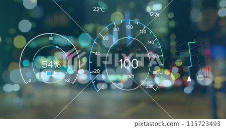 Image of changing numbers in speedometers and navigation pattern over blurred vehicles on street 115723493