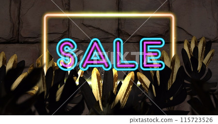 Image of sale text and neon frame over leaves on brick background 115723526