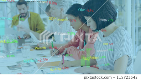 Image of falling arrows, texts, graph and changing numbers, diverse coworkers working in office 115723542