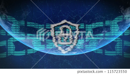 Image of network of digital padlock icon and chain over globe Image of network of digital padlock icon and chain over globe 115723550