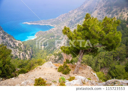Aerial view from mountain road of blue Muhterem Durmus Leylek bay in Turkey 115723553