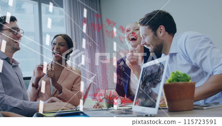 Image of data processing over diverse business people working at office Image of data processing over diverse business people working at office 115723591