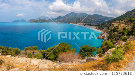 Aerial view of Oludeniz beach with people and boats in the morning, Coastline next to Fethiye, Turkey 115723618