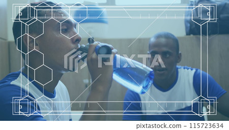 Image of white frame with markers over football players during break in changing rooms 115723634