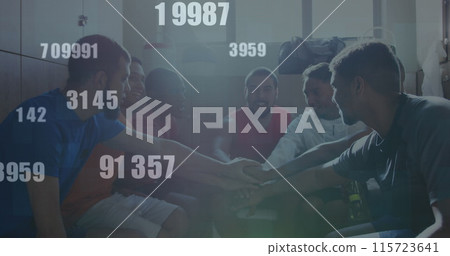 Image of numbers changing over football players stacking hands in changing rooms 115723641