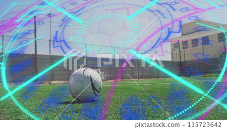 Image of scope scanning over football player with prosthetic limb kicking ball 115723642