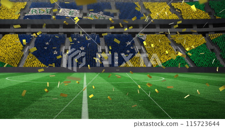 Image of confetti falling over brazilian flag in empty sports stadium 115723644