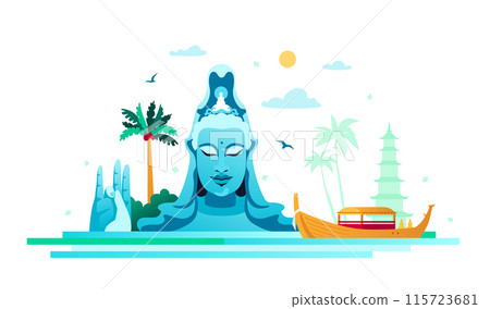 Thanh Luong Phu Yen pagoda in the lake - colored vector illustration 115723681