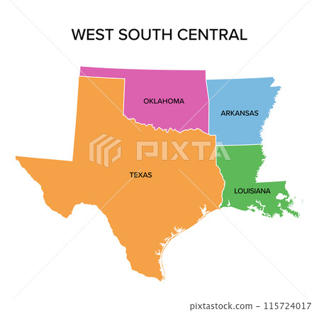 West South Central states, multi colored political map. United States Census division of the South region, consisting of the states Arkansas, Louisiana, Oklahoma, and Texas. Illustration. Vector 115724017