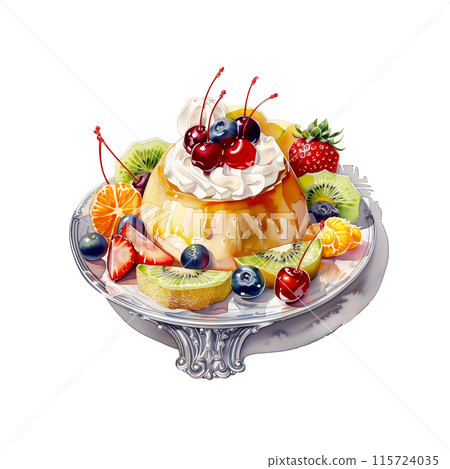 Watercolor illustration of pudding a la mode on white background 115724035