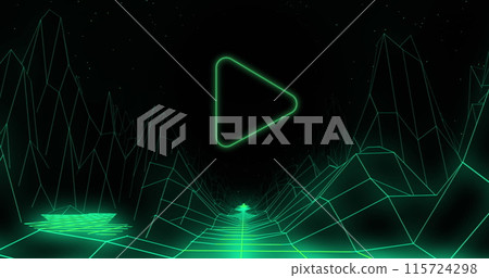 Green triangle outline play button on black background with green grid moving below 115724298