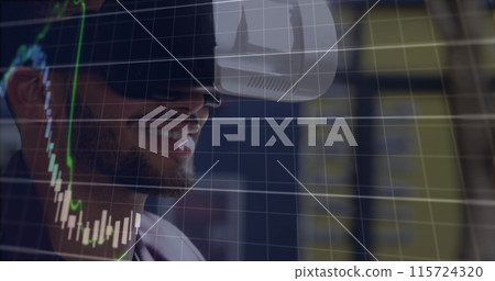 Image of financial data processing over businessman wearing vr headset Image of financial data processing over businessman wearing vr headset 115724320