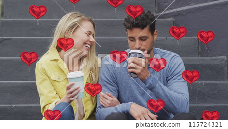 Image of heart icons floating over happy caucasian couple talking and drinking takeaway coffee Image of heart icons floating over happy caucasian couple talking and drinking takeaway coffee 115724321