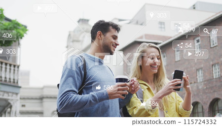 Image of social media icons floating over happy caucasian couple drinking takeaway coffee 115724332