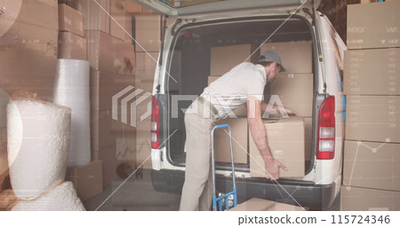 Digital interface with data processing against caucasian delivery man stacking boxes in his van 115724346