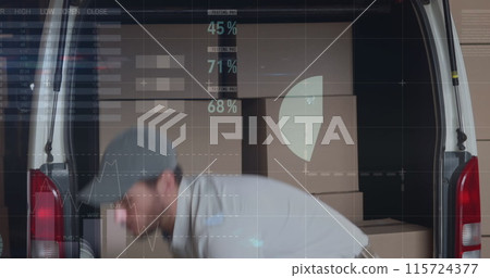 Statistical data processing against caucasian delivery man removing boxes from his delivery van 115724377