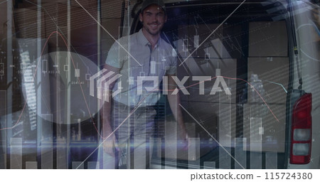 Statistical data processing against caucasian delivery man stacking boxes in his delivery van 115724380