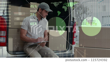 Image of statistics and financial data processing over delivery man and van 115724392