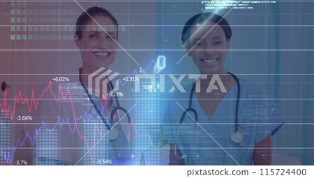 Image of financial data over happy diverse female doctors talking Image of financial data over happy diverse female doctors talking 115724400