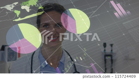 Image of financial data over happy caucasian female doctor Image of financial data over happy caucasian female doctor 115724409