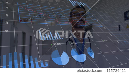 Image of financial data and world map over caucasian male doctor Image of financial data and world map over caucasian male doctor 115724411
