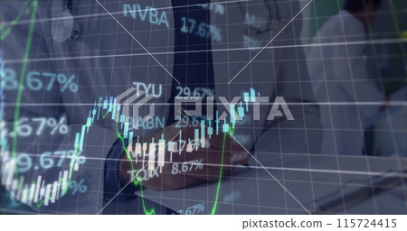 Image of financial data over hands of caucasian male doctor writing 115724415