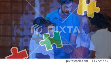 Image of puzzle pieces over diverse schoolchildren and teacher using tablet Image of puzzle pieces over diverse schoolchildren and teacher using tablet 115724447
